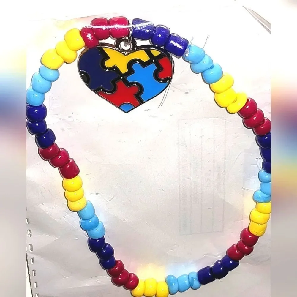Colorful Puzzle Heart Autism Awareness Beaded Bracelet for Kids and Adults